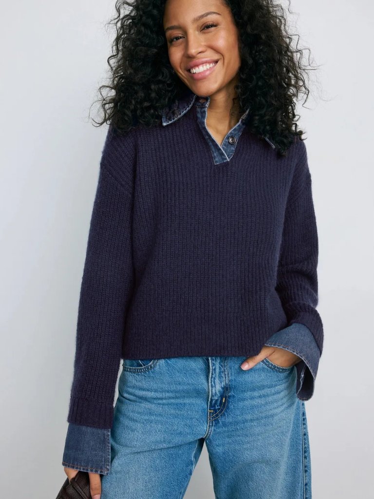 Le Jean Harvey Denim Collar Sweater Size Small Msrp $288